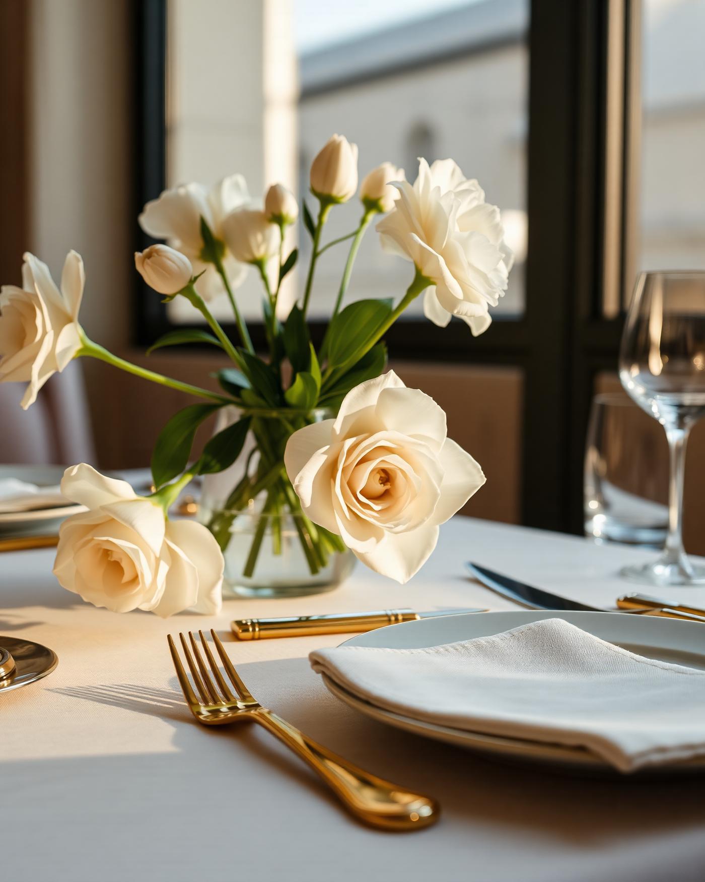 Luxury table setting with brass cutlery and white roses